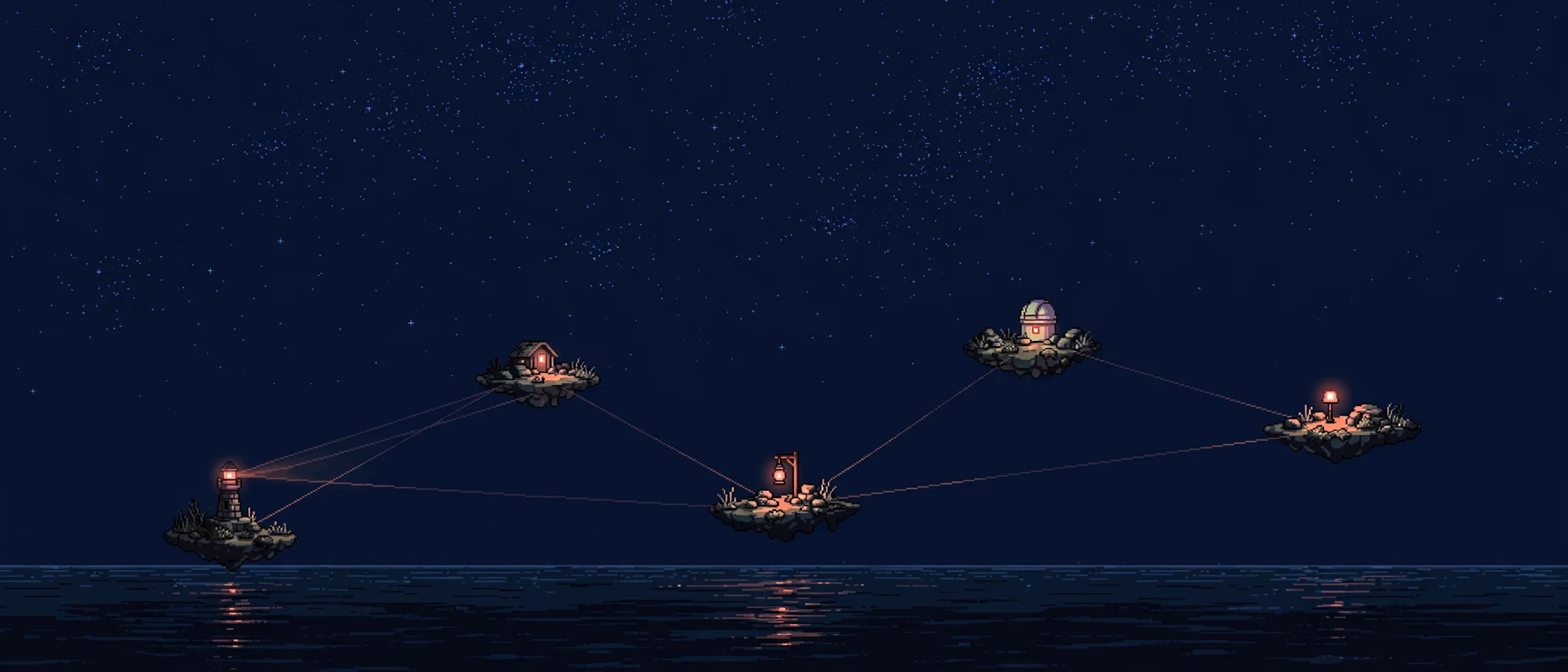Small floating islands at night, each with one coral light, joined by faint beams.
