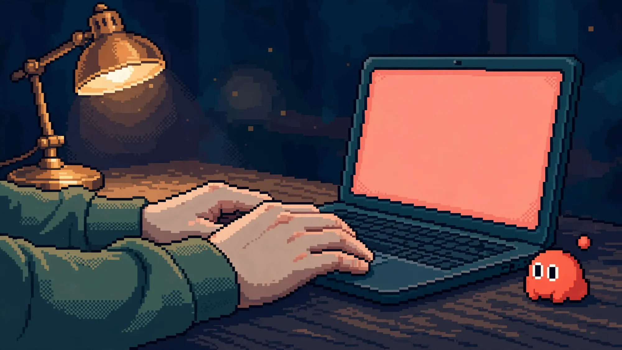 A developer's hands beside a laptop at night.