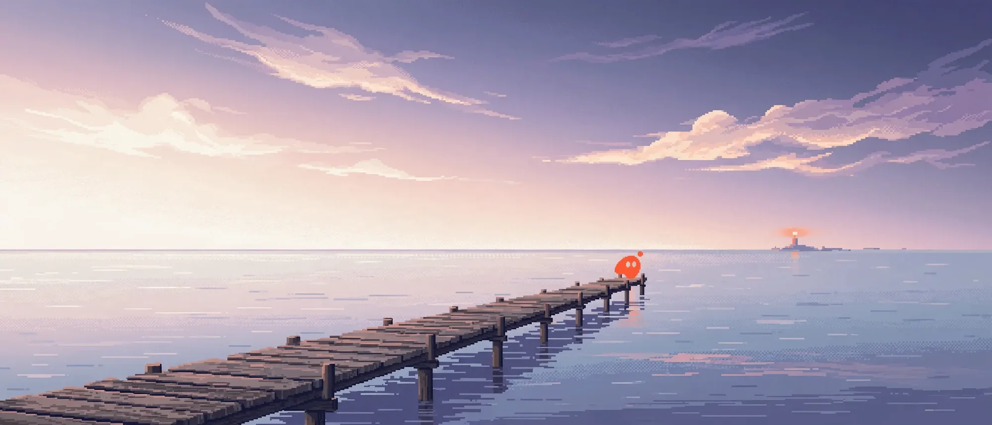 A long pier into a still sea; Nano sits at its end facing a distant lighthouse.