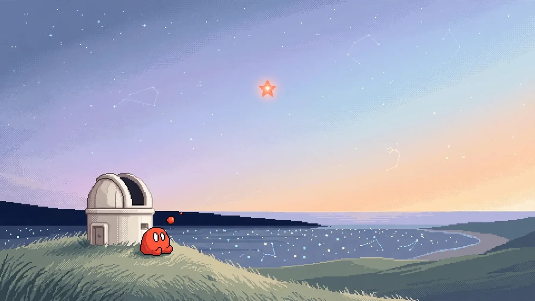 A small observatory at twilight; Nano looks up at a single coral star.