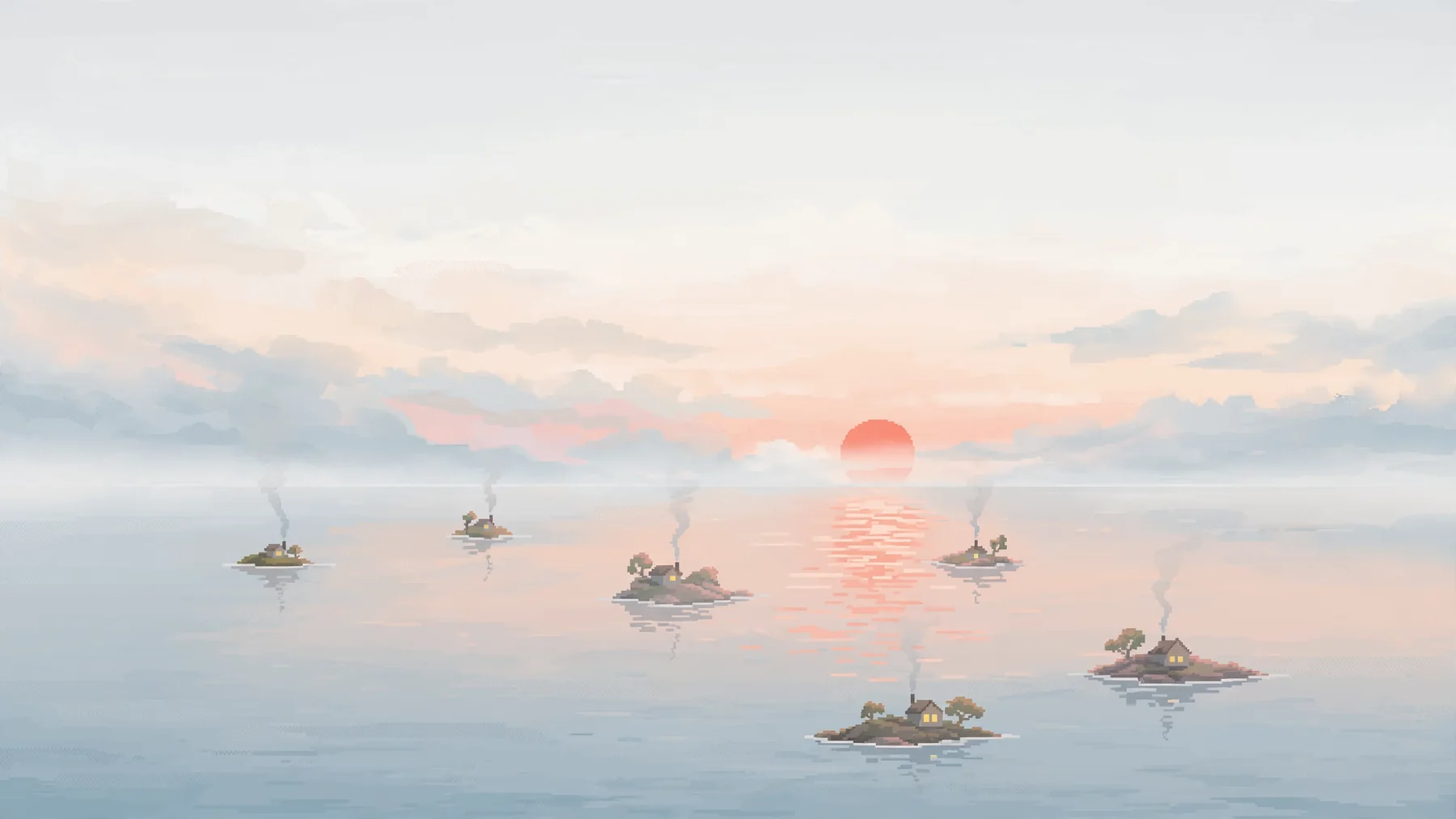 Six tiny islands on a hazy sea, each with one small lit house.